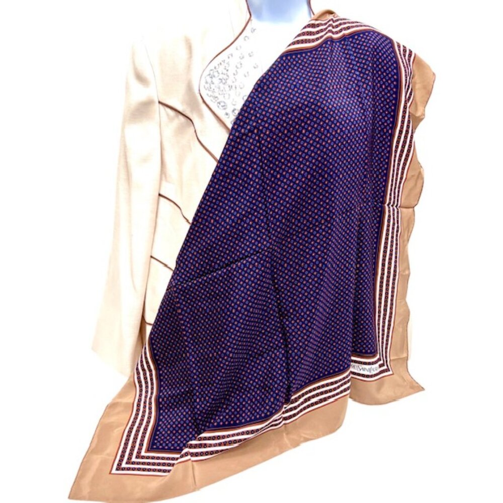 Beautiful Yves Saint Laurent  Silk Satin Scarf 31" Brown purple square Dots  (26 - Picture 5 of 12